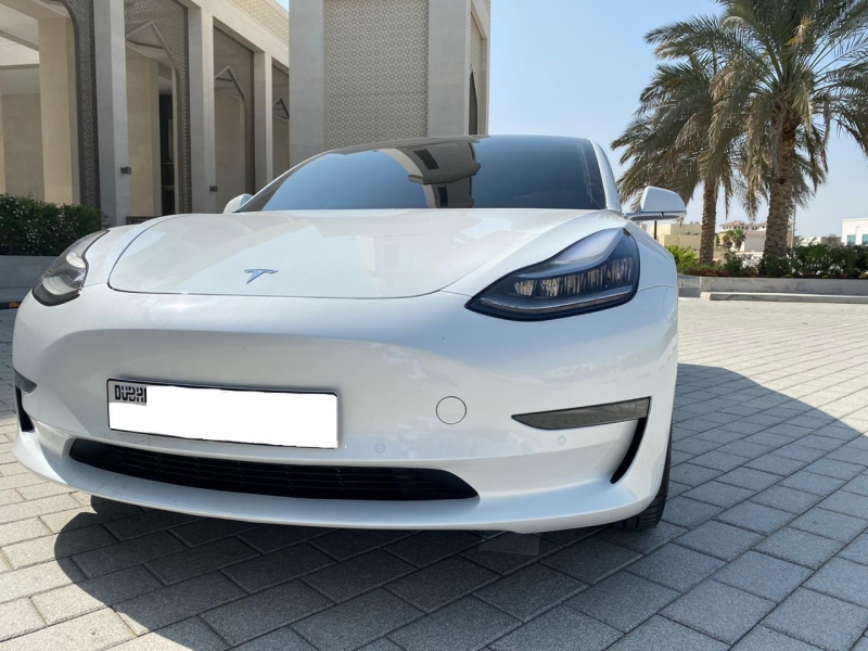 Blanquecino Tesla Modelo 3 de largo alcance 2020